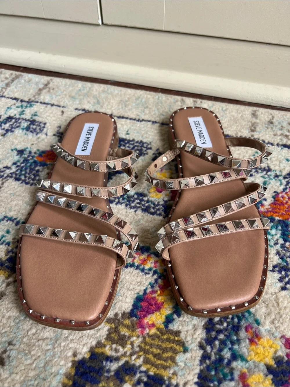 Steve Madden Skyler Studded Three-Band Slide Sandals in Tan size 8